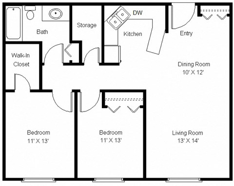 Floor plan for 2 beds, 1 bath, 1008 sqft